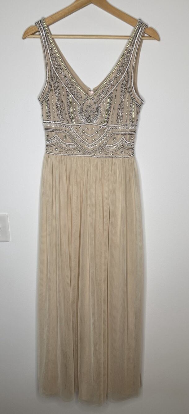 Anthropologie BHLDN Sterling Dress Size 4 Formal Beige Oyster Beaded Rhinestones
